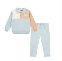 AW25 Mitch & Son JUDE & JETT Beige Blue & White Knitted Polo & Trousers Set