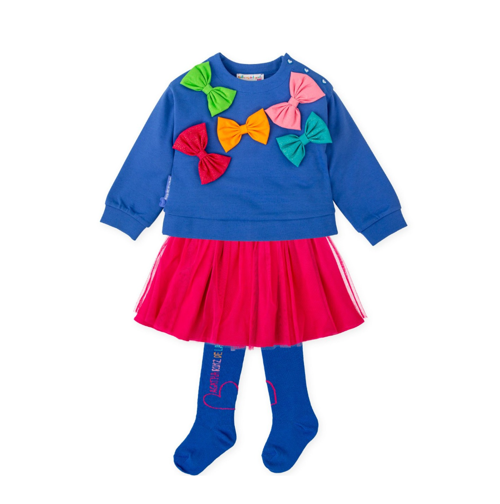 PREORDER AW25 Agatha Ruiz De La Prada Baby Blue & Pink Multi Bow Skirt Set With Tights