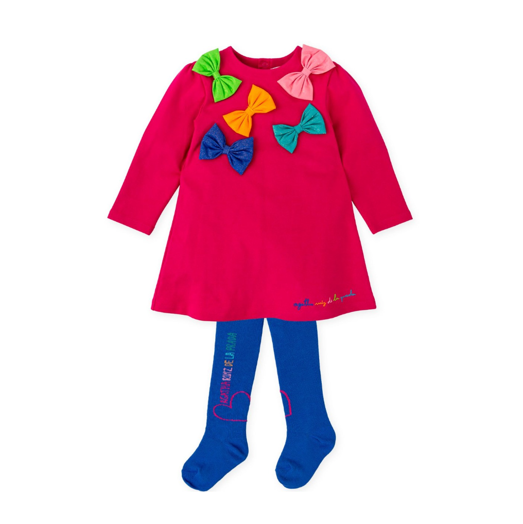 AW25 Agatha Ruiz De La Prada Baby Pink Multi Bow Dress With Tights
