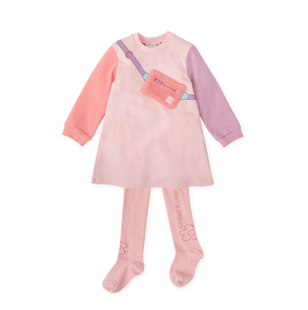 AW25 Agatha Ruiz De La Prada Baby Pink Purple & Green Colour Block Handbag Dress With Tights
