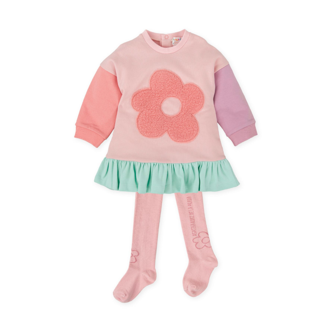 AW25 Agatha Ruiz De La Prada Baby Pink Purple & Green Colour Block Flower Dress With Tights