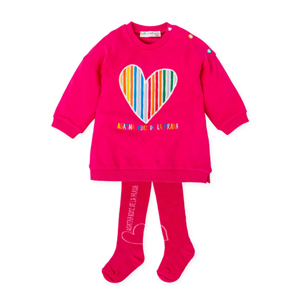 PREORDER AW25 Agatha Ruiz De La Prada Baby Pink Multi Striped Heart Dress With Tights
