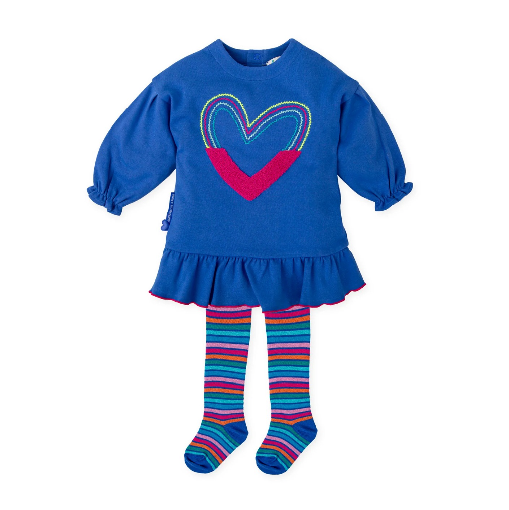PREORDER AW25 Agatha Ruiz De La Prada Baby Blue Multi Heart Dress With Striped Tights