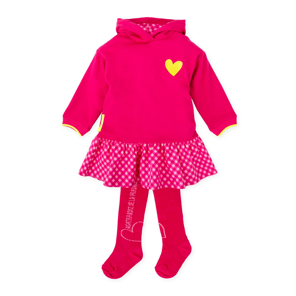 AW25 Agatha Ruiz De La Prada Baby Pink & Yellow Heart Hooded Dress With Tights