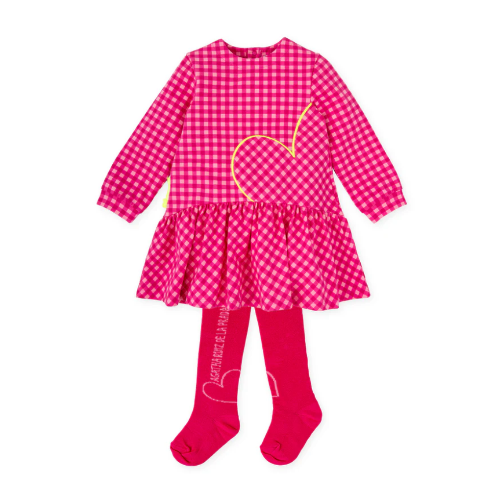 AW25 Agatha Ruiz De La Prada Baby Pink & Yellow Heart Checked Dress With Tights