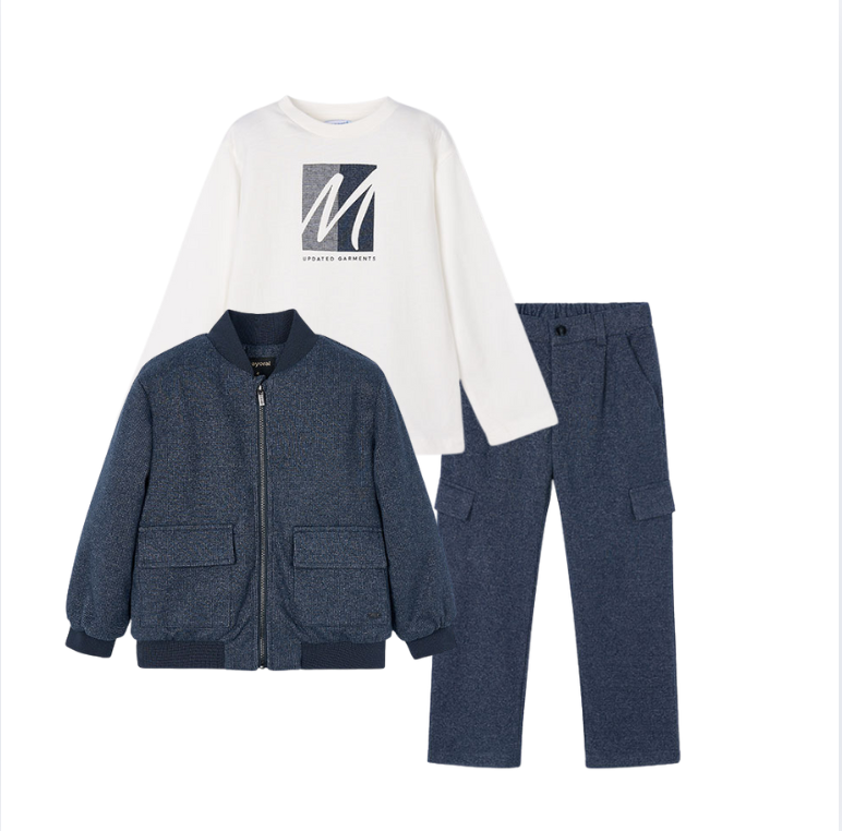 AW25 Mayoral Navy & Cream Three Piece Cargo Trousers Set