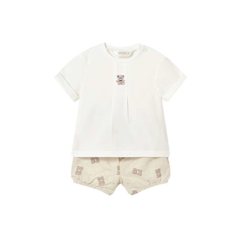 SS26 Mayoral Beige & White Teddy Bear Shorts Set