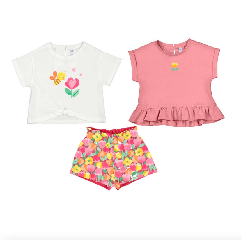 SS26 Mayoral Pink Bee Floral Three Piece Shorts Set