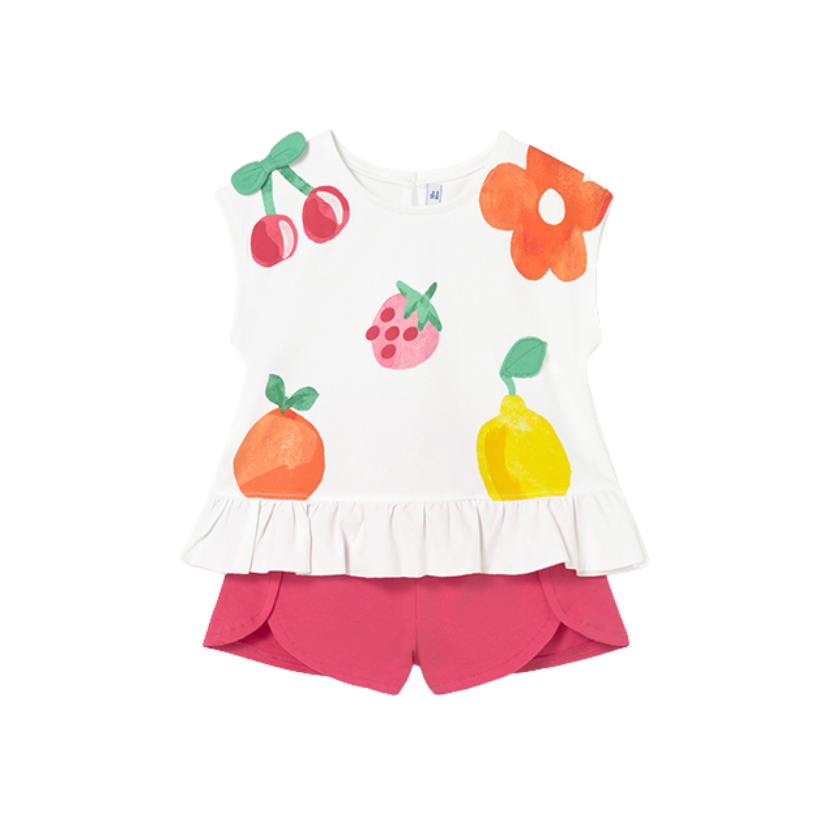 SS26 Mayoral Pink Fruit Frill Shorts Set
