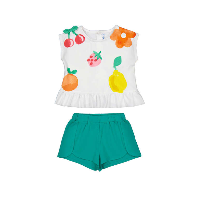 SS26 Mayoral Green Fruit Frill Shorts Set