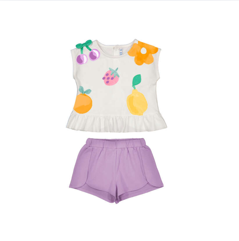SS26 Mayoral Purple Fruit Frill Shorts Set