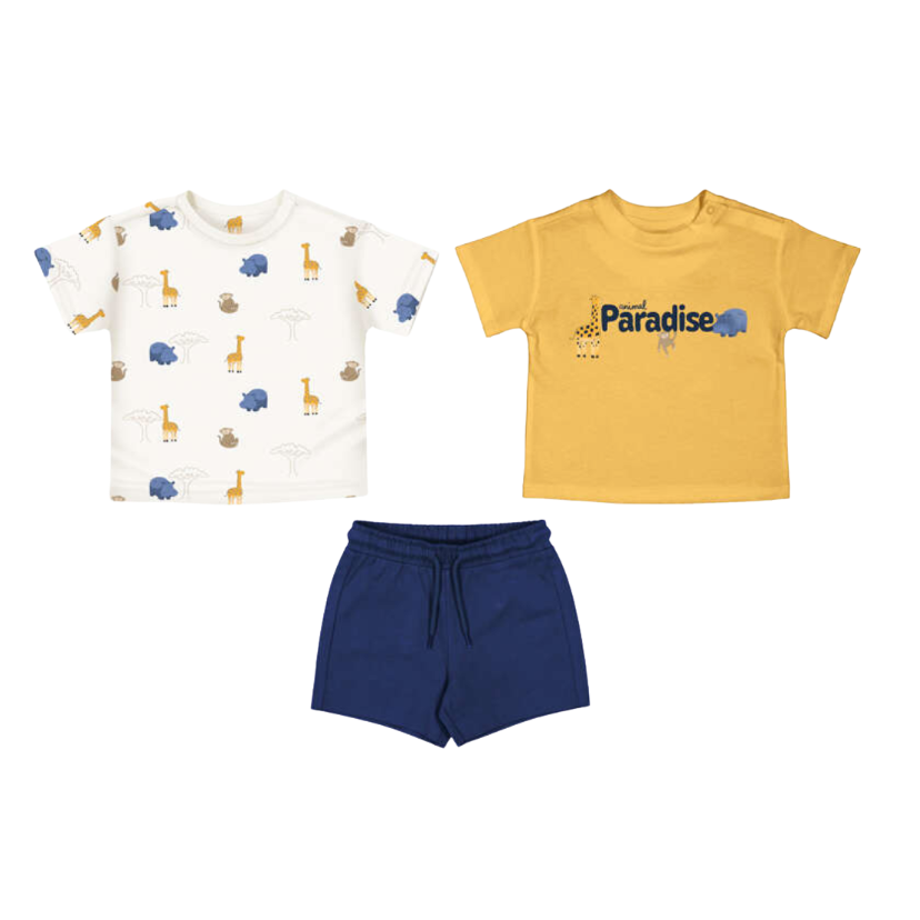 SS26 Mayoral Blue Animal Three Piece Shorts Set