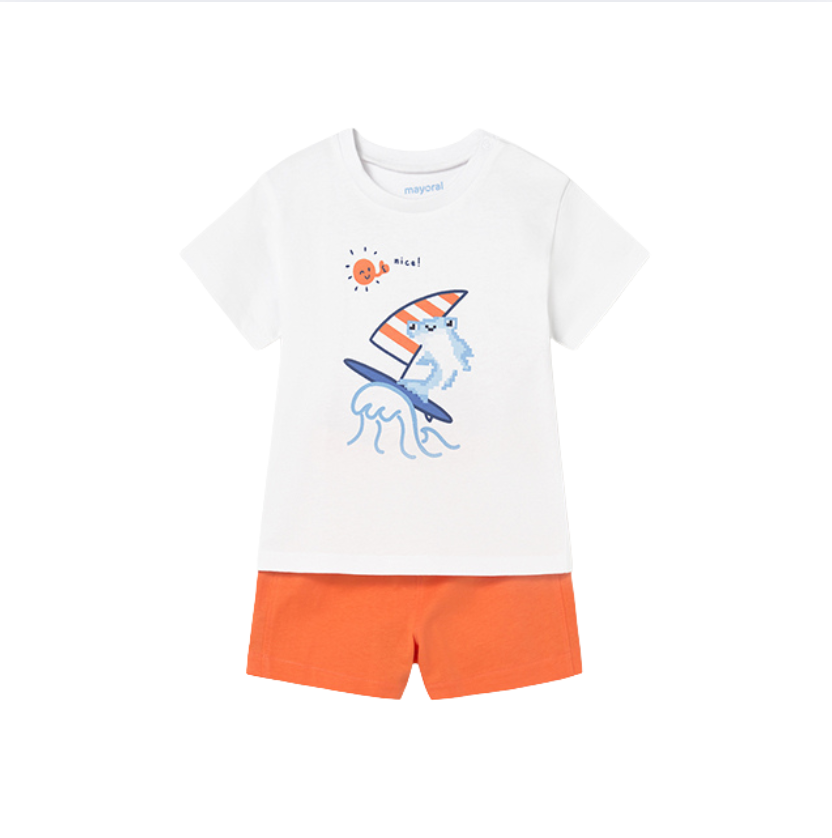SS26 Mayoral Orange Shark Sailing Shorts Set