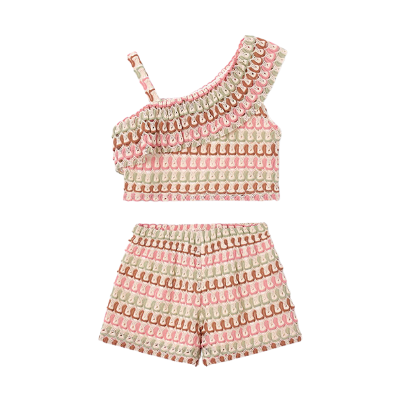SS26 Mayoral Orange Multicoloured Asymmetric Knit Shorts Set