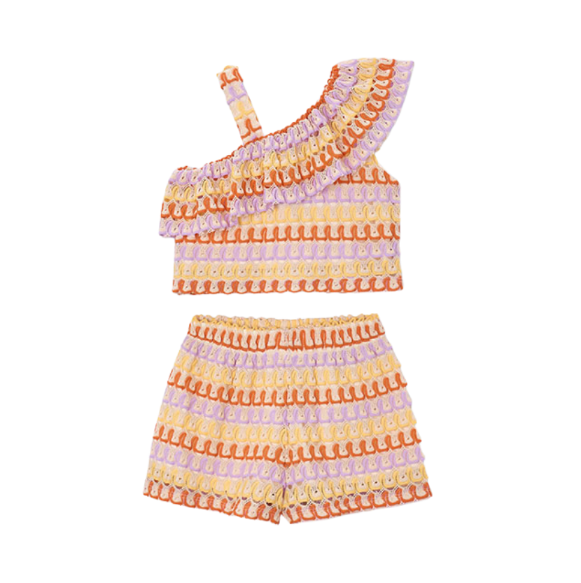 SS26 Mayoral Purple Multicoloured Asymmetric Knit Shorts Set