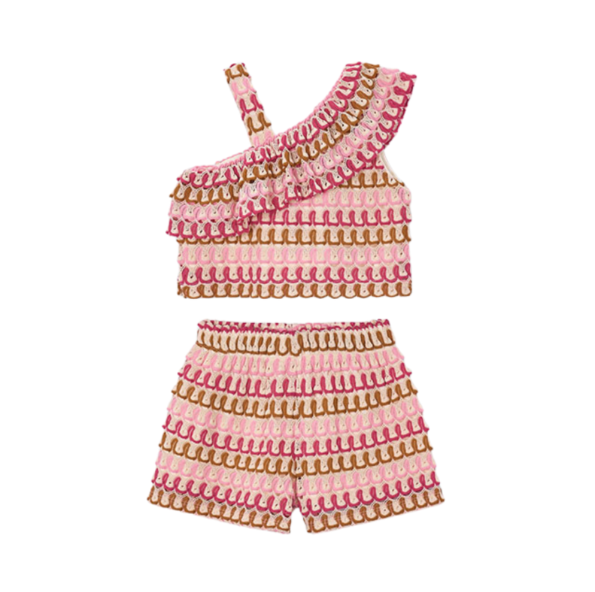 SS26 Mayoral Pink Multicoloured Asymmetric Knit Shorts Set