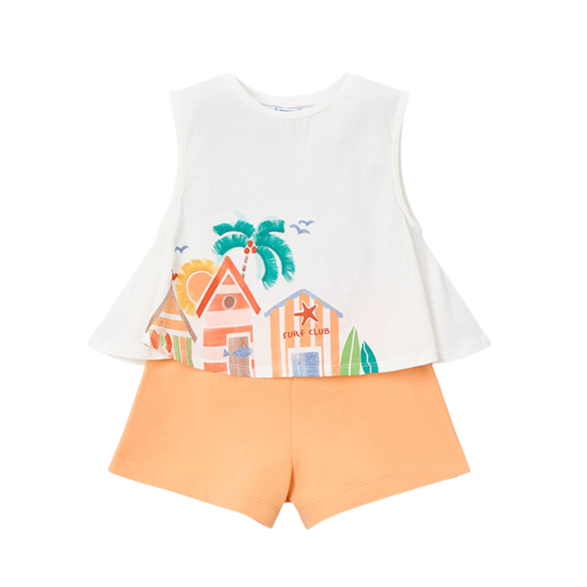 SS26 Mayoral Orange & White Beach Hut Shorts Set