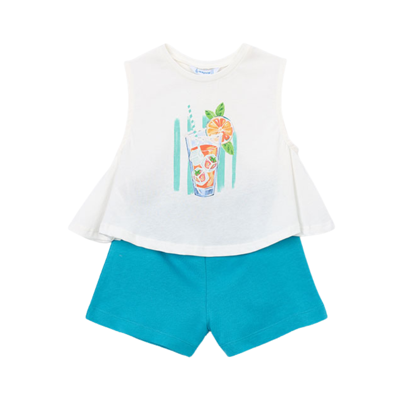 SS26 Mayoral Teal & White Drink Shorts Set