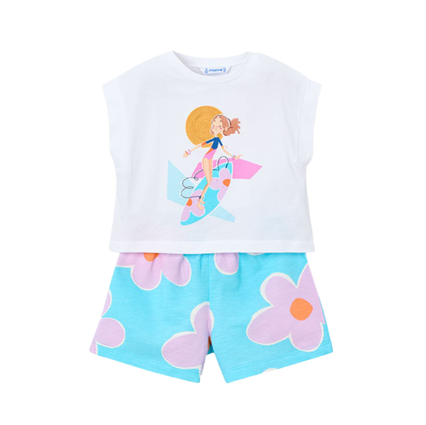 SS26 Mayoral Purple Blue & White Surfer Girl Floral Shorts Set