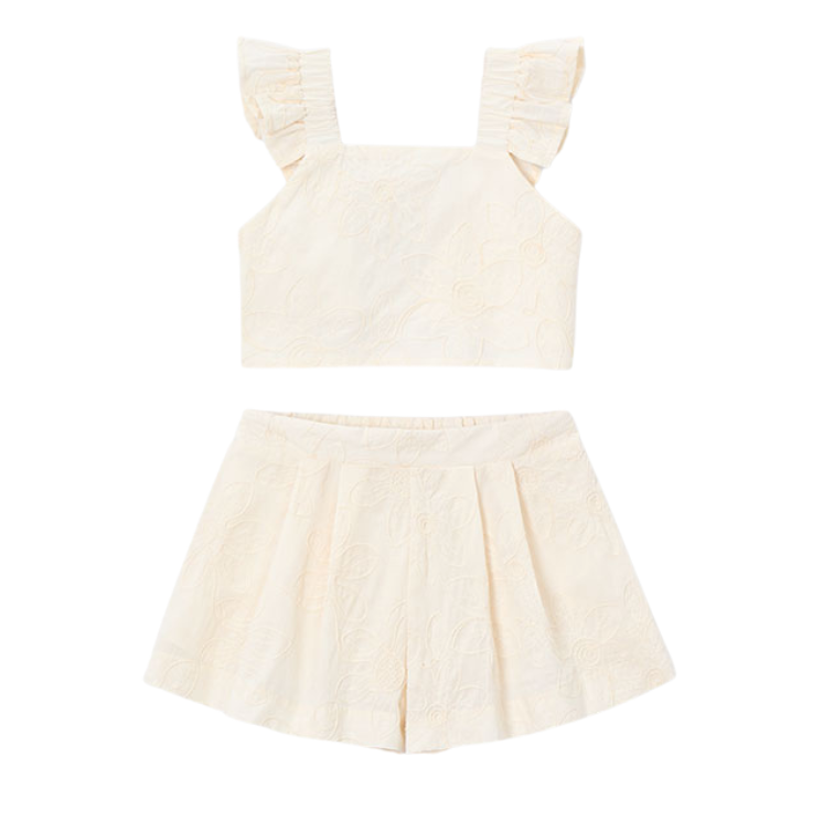 SS26 Mayoral Ivory Floral Frill Shorts Set