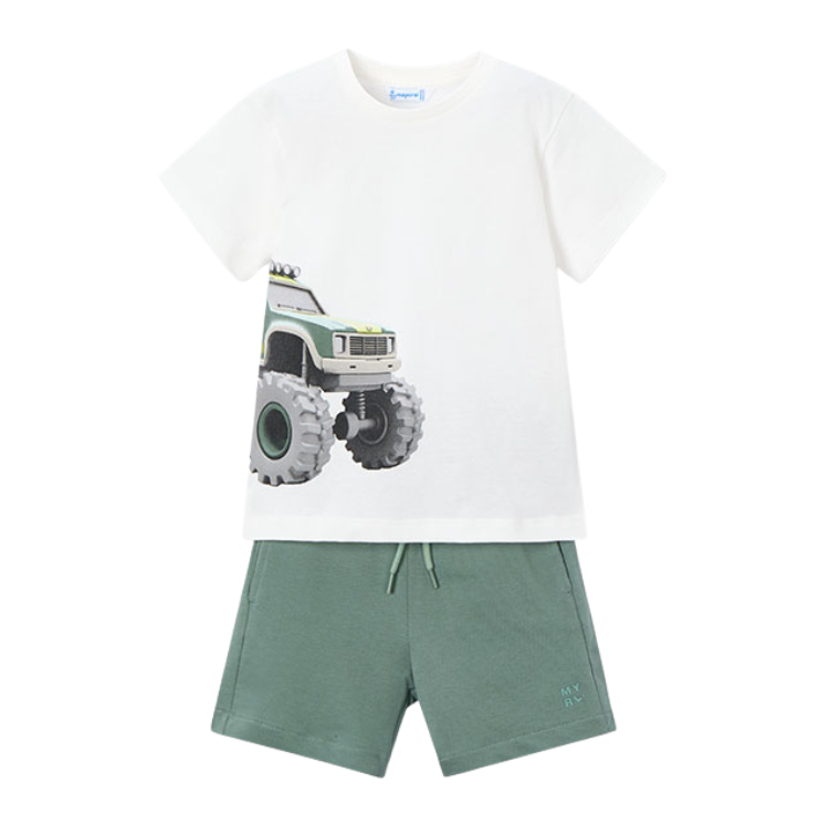 SS26 Mayoral Green & White Truck Shorts Set
