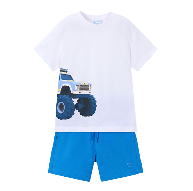 SS26 Mayoral Blue & White Truck Shorts Set