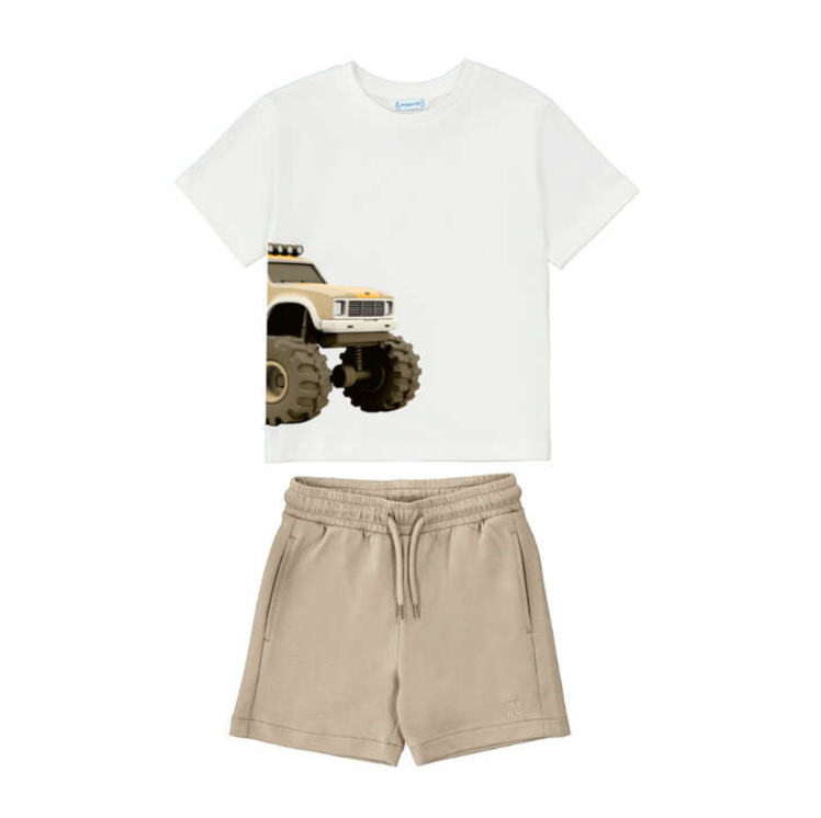 SS26 Mayoral Beige & White Truck Shorts Set