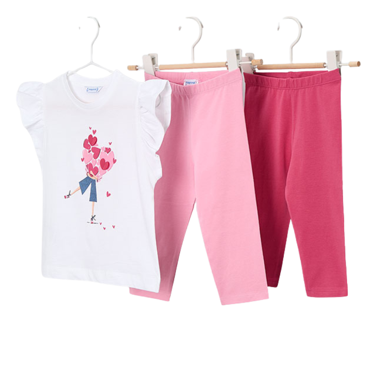 SS26 Mayoral Pink & Red Girl With Hearts Three Piece Leggings Set