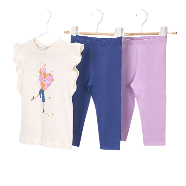 SS26 Mayoral Purple & Navy Girl With Hearts Three Piece Leggings Set