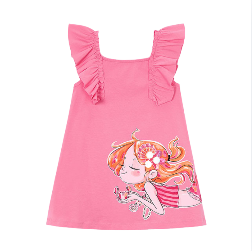 SS26 Mayoral Pink Mermaid & Crab Frill Dress