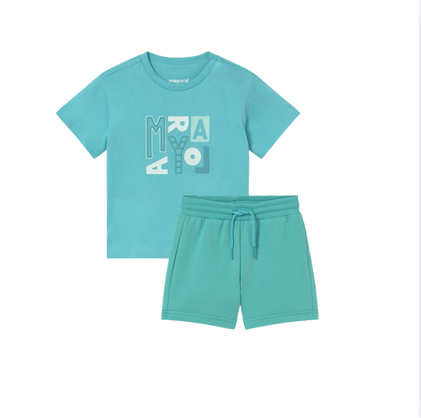 SS26 Mayoral Turquoise & White Logo Shorts Set