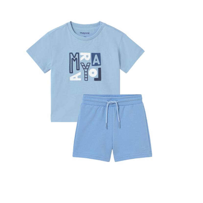 SS26 Mayoral Blue & White Logo Shorts Set
