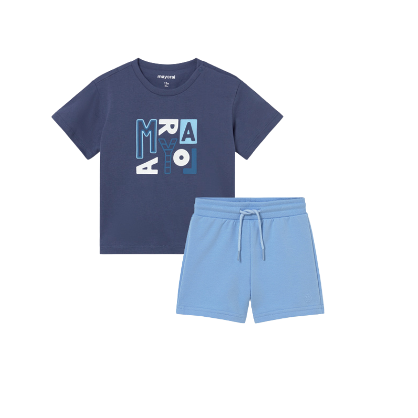 SS26 Mayoral Navy Blue & White Logo Shorts Set