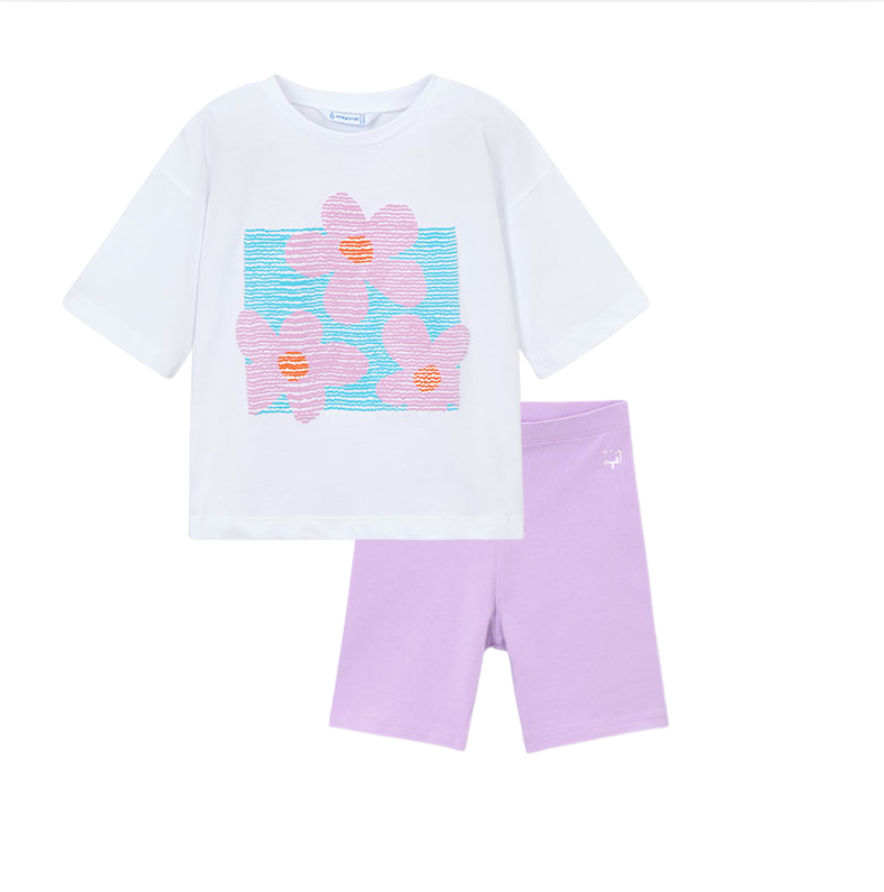 SS26 Mayoral Purple Floral Cycling Shorts Set