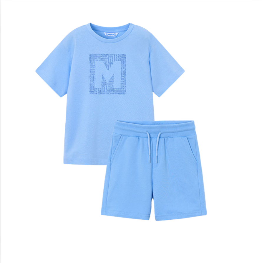 SS26 Mayoral Pale Blue Square Logo Shorts Set