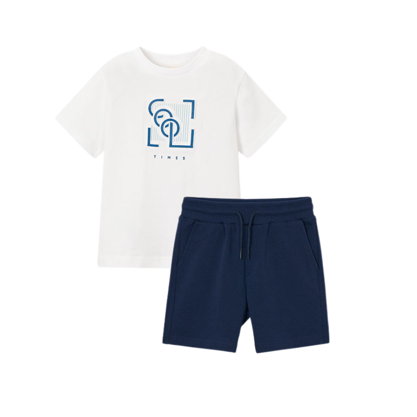 SS26 Mayoral White & Navy 'Cool Times' Shorts Set