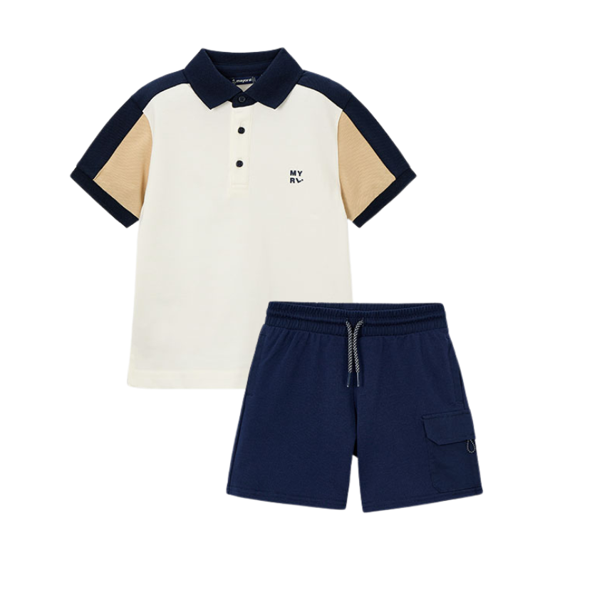 SS26 Mayoral Beige Colour Block Polo Shorts Set