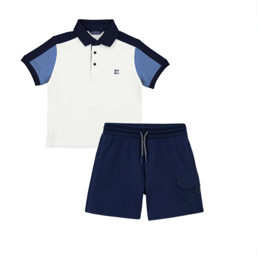 SS26 Mayoral Blue Colour Block Polo Shorts Set
