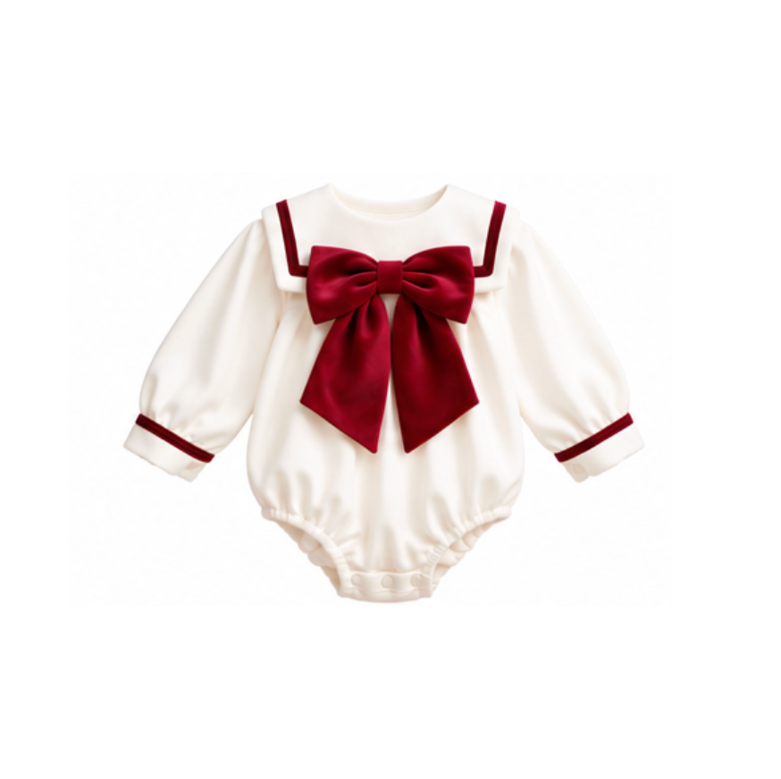 Be Chic Girls Ivory & Burgundy Bow Romper