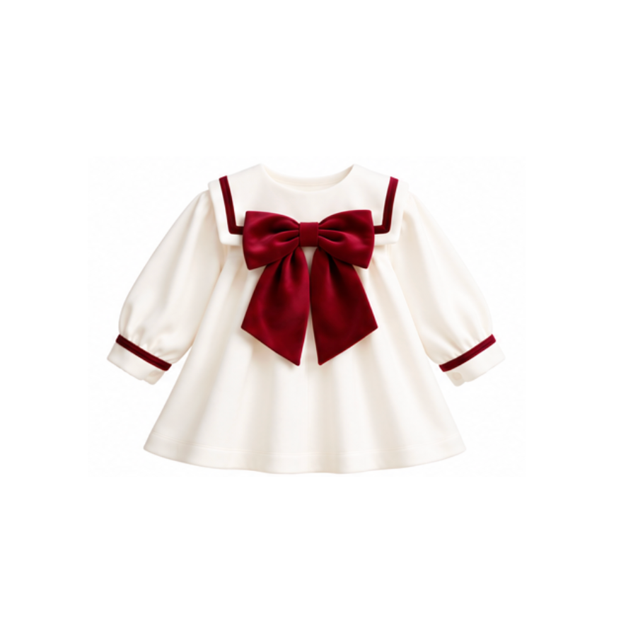 Be Chic Girls Ivory & Burgundy Bow Dress