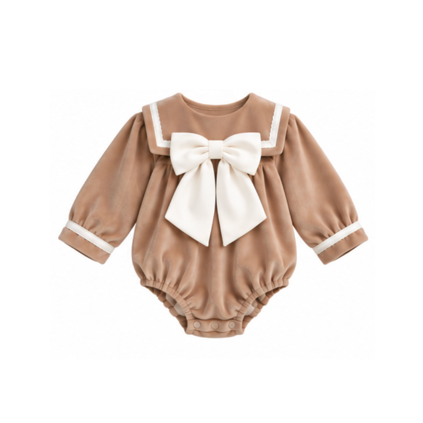 Be Chic Girls Beige & Ivory Bow Romper