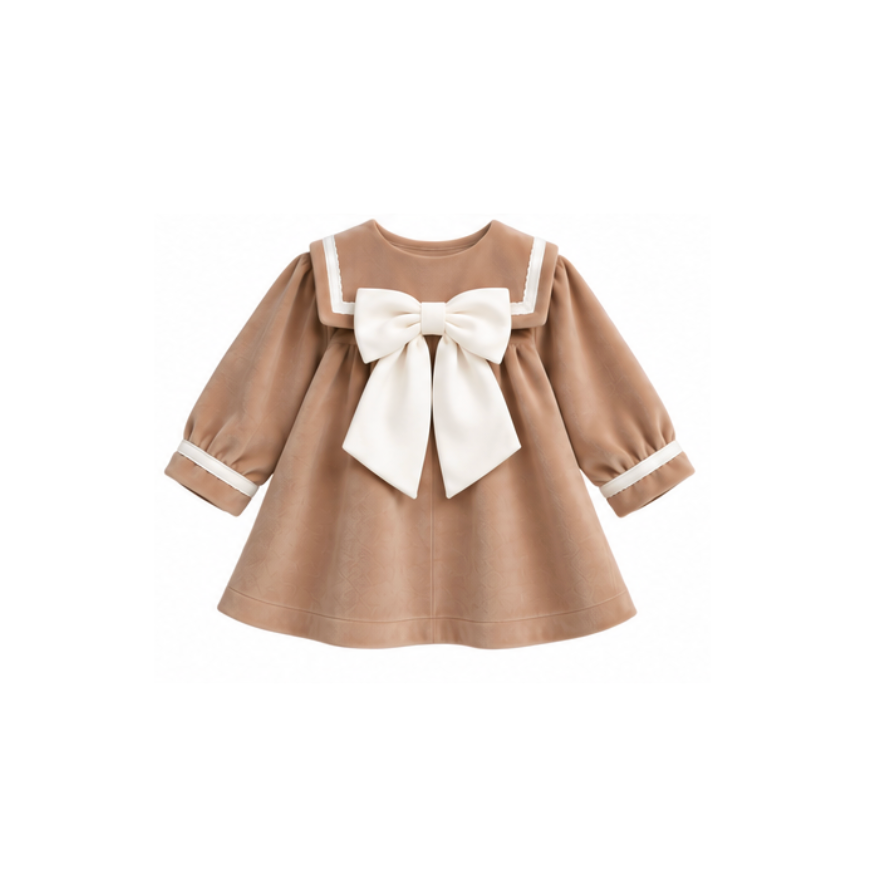 Be Chic Girls Beige & Ivory Bow Dress
