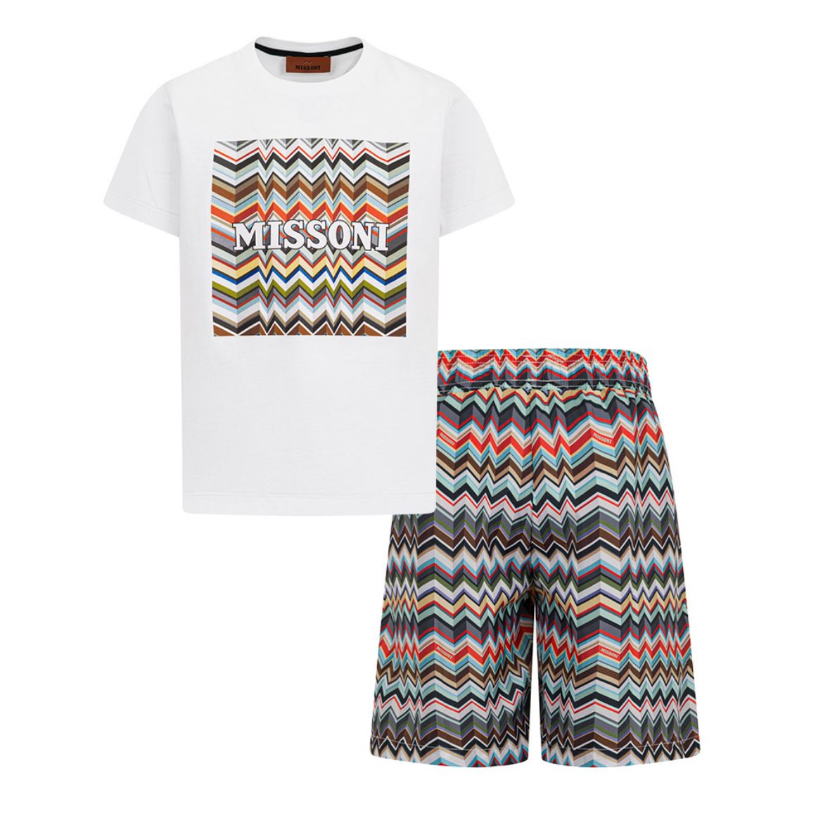 SS26 Missoni Multicoloured Chevron Square Logo Swim Shorts Set