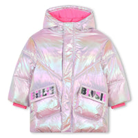 Billieblush Pink Sequin Logo Metallic Hooded Puffer Jacket