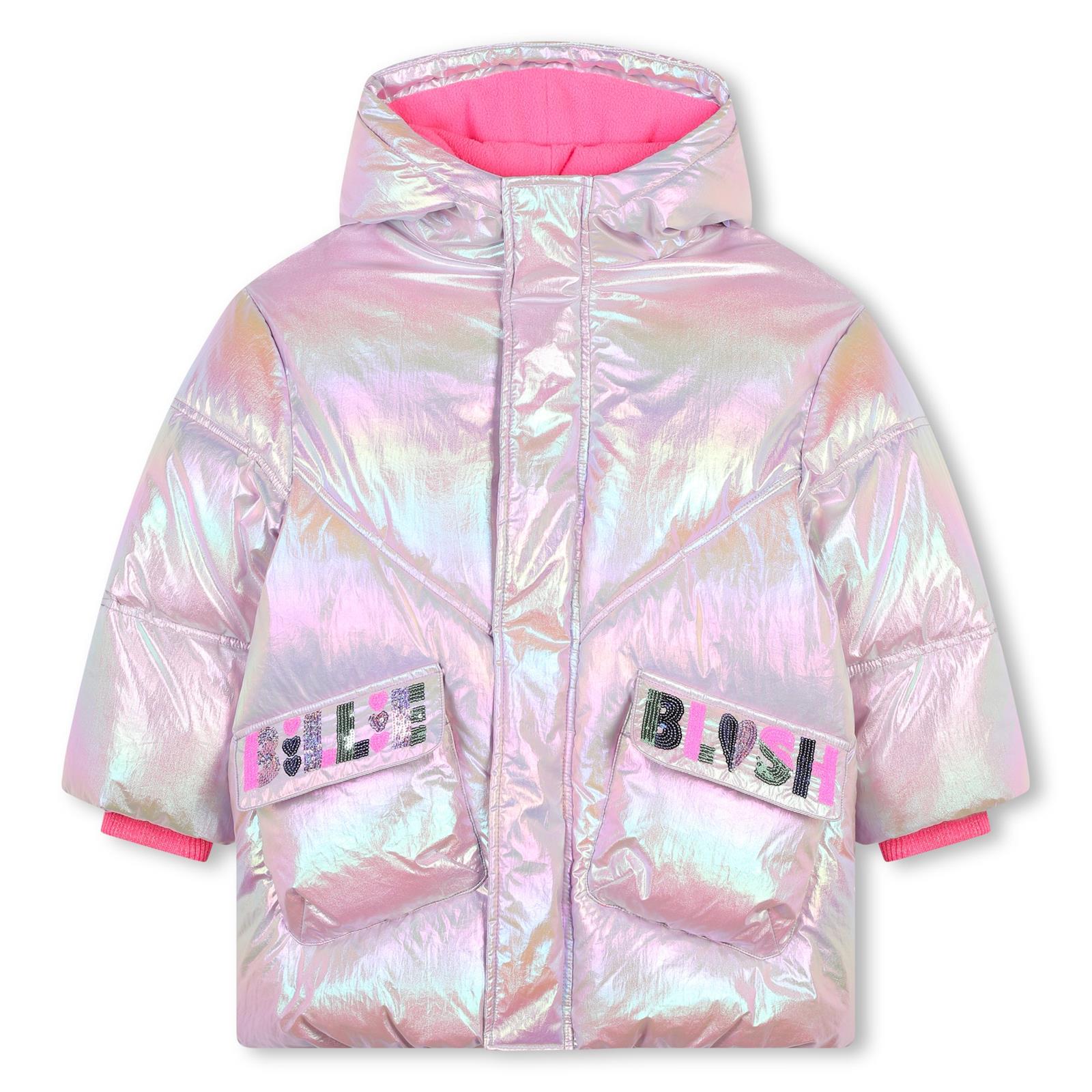 Billieblush Pink Sequin Logo Metallic Hooded Puffer Jacket