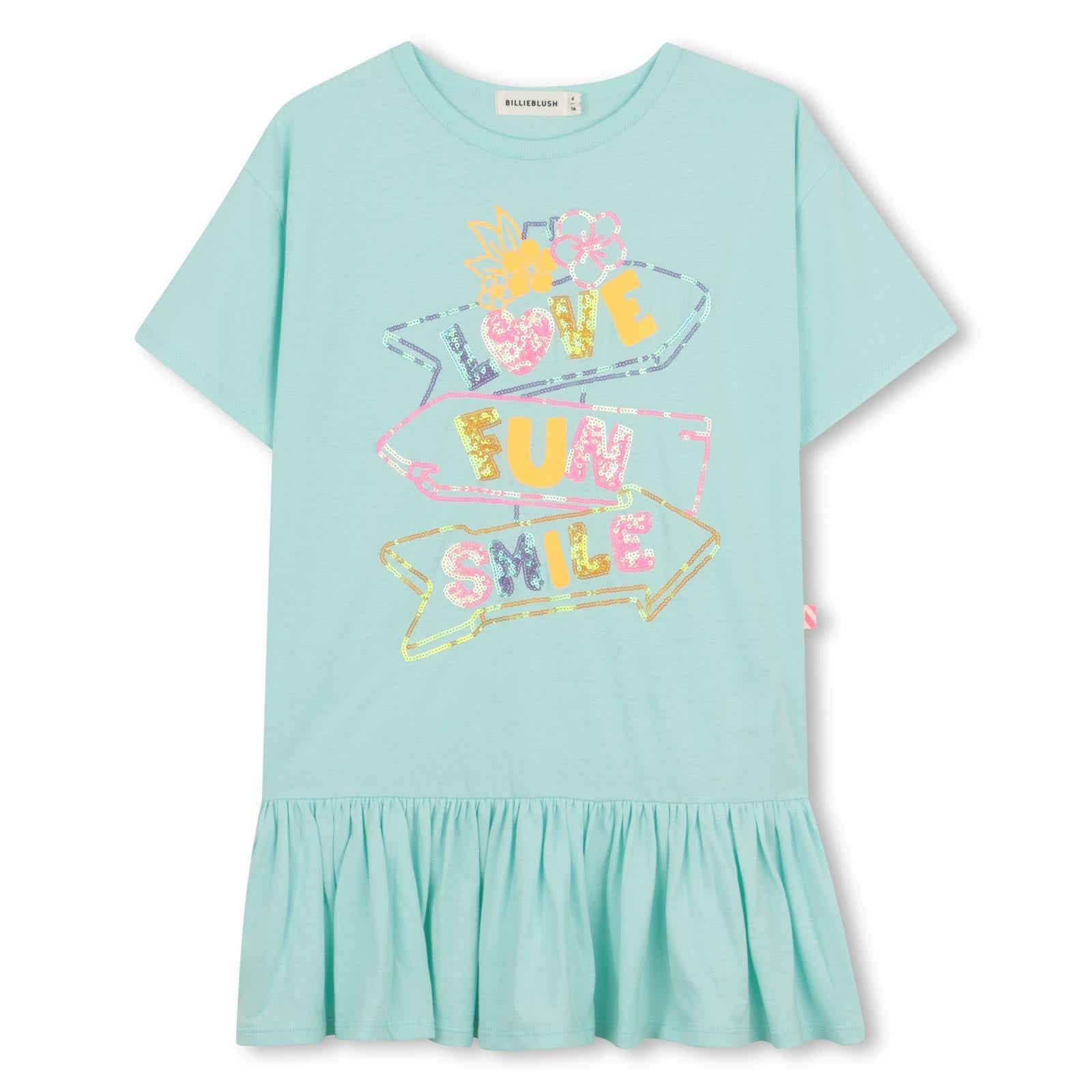 SS26 Billieblush Turquoise Sequin 'Love Fun Smile' Dress