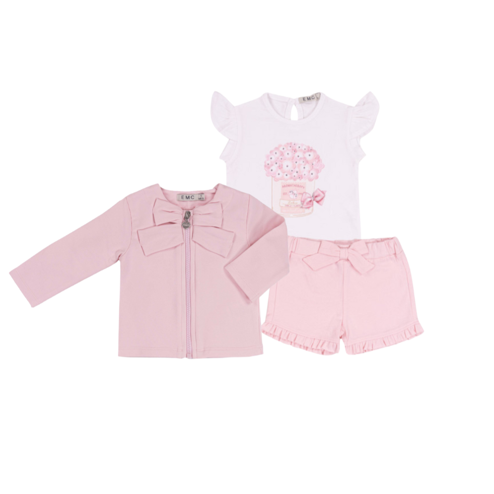 SS25 EMC Pink & White Three Piece Floral Bow Frill Jacket & Shorts Set