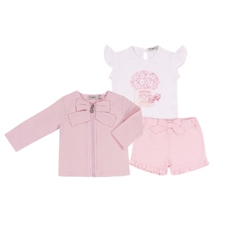 SS25 EMC Pink & White Three Piece Floral Bow Frill Jacket & Shorts Set