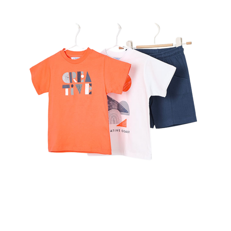 SS25 Mayoral Orange White & Navy 'Creative' Three Piece Shorts Set