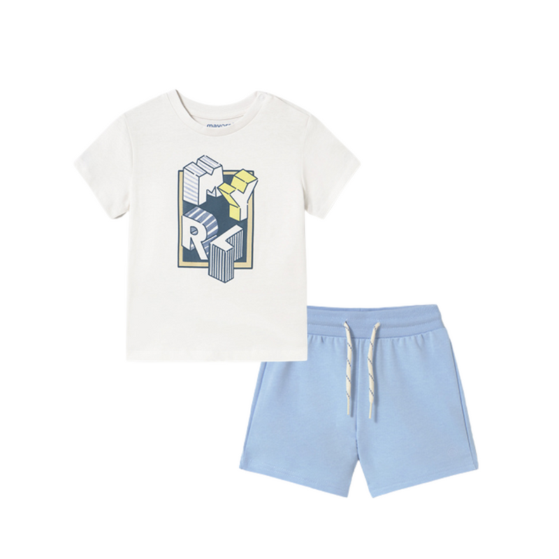 SS25 Mayoral Blue White & Yellow Logo Shorts Set